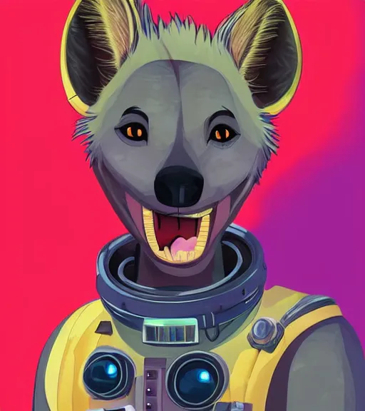 Prompt: digital artwork of furry female hyena, in style of zootopia, fursona, furry, furaffinity, deviantart, wearing astronaut outfit, floating in space, space background, cyberpunk, detailed face, style of artgerm,