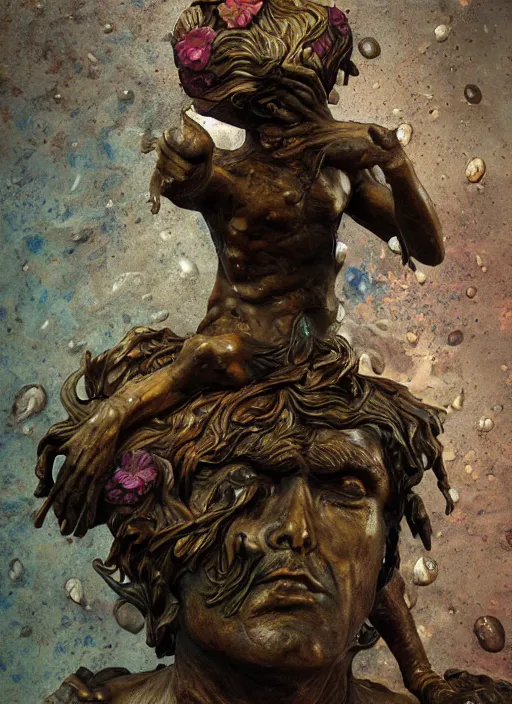 Prompt: An epic fantastic realism comic book style painting of a distressed bronze sculpture from the future by Stanislaw Szukalski, beautiful colorful flowers rain down like gilt marbled paper, fisheye lens, unreal 5, DAZ, hyperrealistic, octane render, dynamic lighting