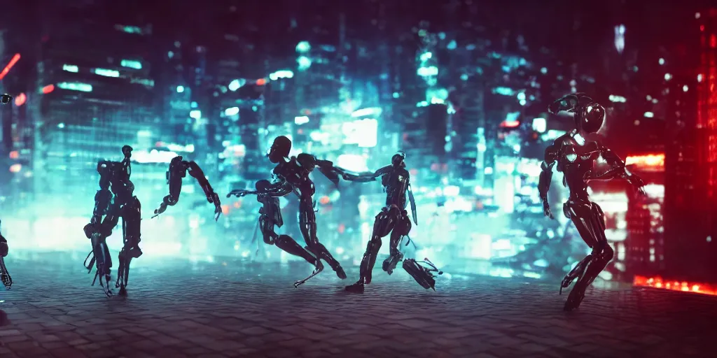 Image similar to Cyberpunk android chrome Robots running in a dramatic movie scene with dynamic dancer movements and motion blur and bokeh, shot on imax, cinematic scene, cinematographic composition, CineStill 800T Film