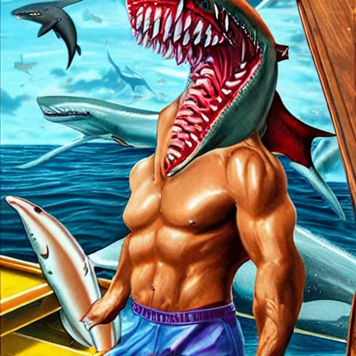 Image similar to full - color photorealistic fantastical oil - painting of : an anthropomorphic muscular male humanoid - hybrid shark - monster is terrorizing workers on the deck of a commercial fishing boat. the shark - monster is wearing swim - trunks. highly - quality, highly - detailed professional artwork.