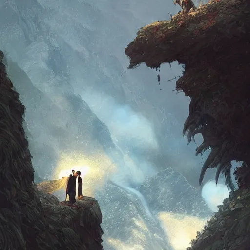 Image similar to angel protecting man falling from a cliff, detailed intricate ink illustration, happy atmosphere, detailed illustration, hd, 4k, digital art, overdetailed art, by greg rutkowski, by loish, complementing colors, Trending on artstation, movie poster style