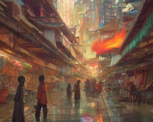 Image similar to colorful marketplace in a great, brutalist kitsune city, bamboo, anime, a fantasy digital painting by greg rutkowski and james gurney, trending on artstation, highly detailed