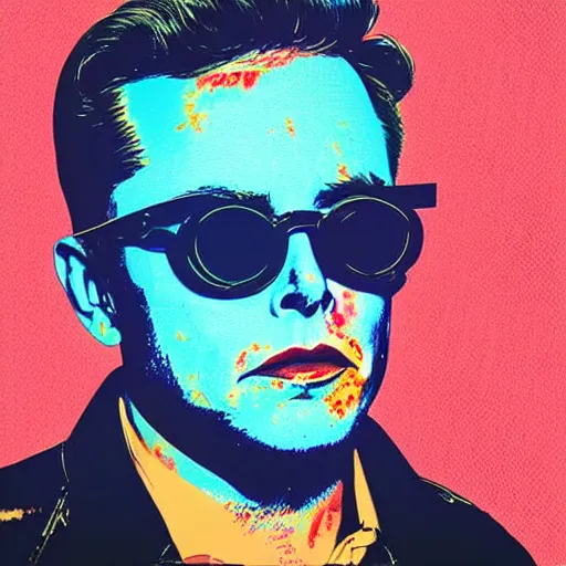 Prompt: the portrait of depressed, miserable, sorrow elon musk wearing retro thick - frame sun glasses. colorful pop art, modern art, by andy warhol
