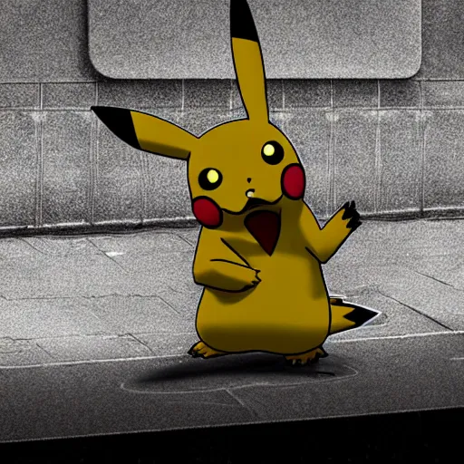 Prompt: pikachu homeless begging for fentanyl in times square, ultra detailed, 8 k, photorealism, rule of thirds, cracked textures.