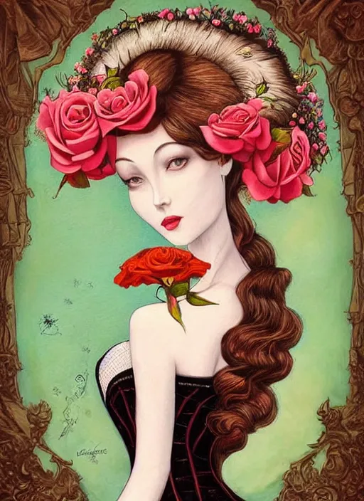 Prompt: a full body portrait of a woman in victorian clothing holding a rose, a surrealist painting by Jasmine Becket-Griffith, pinterest, pop surrealism, whimsical, art on instagram, surrealist