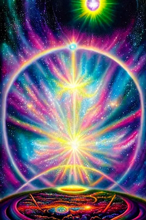 Prompt: a photorealistic detailed image of a beautiful vibrant iridescent celestial space skies opening a portal to another dimension, spiritual science, utopian, by david a. hardy, hana yata, kinkade, lisa frank,