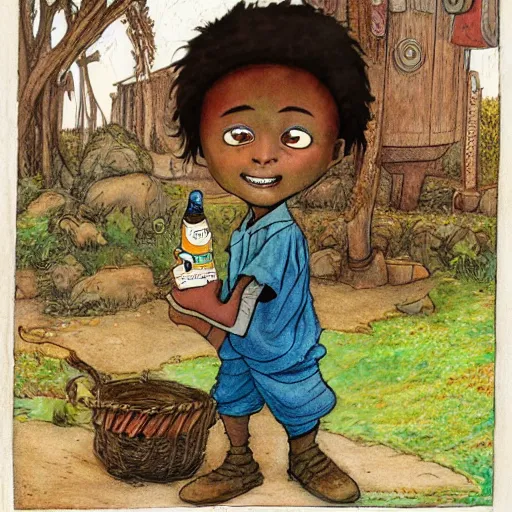 Prompt: award winning julia donaldson and rebecca guay style illustration drawing of a friendly south african boy and is little brother who holds a hazardous bottle, in a sunny african urban township environment in the 1 9 9 0's.