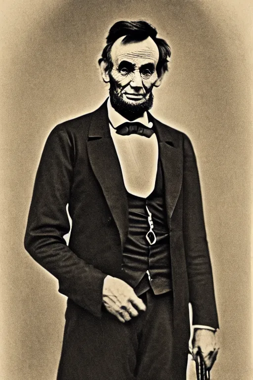 Prompt: Abraham Lincoln !!!!grinning, portrait, full body, symmetrical features, silver iodide, 1880 photograph, sepia tone, aged paper, Sergio Leone, Master Prime lenses, cinematic