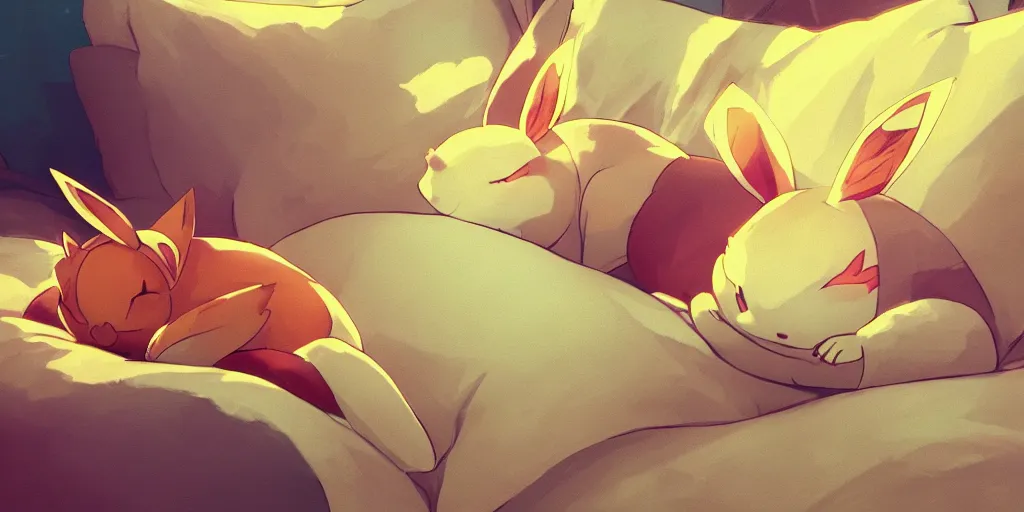 Prompt: a chubby eevee pokemon sleeping on a couch cushion, slanted lighting from window, dust motes in air, cozy vibe, high angle shot, fine details, artwork by ross tran and ilya kuvshinov