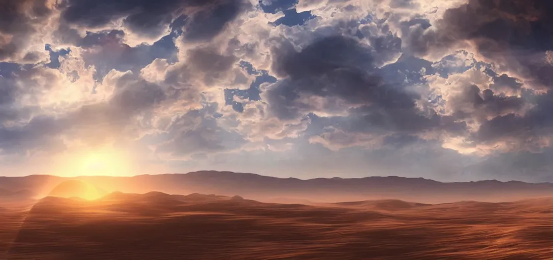 Image similar to an amazingly stunning picture of a transparent refractive vessel floating high up in the sky over a desert, intricate detail, sunset, serene, volumetric lighting, volumetric clouds, 8 k, photorealistic, digital art trending on artstation