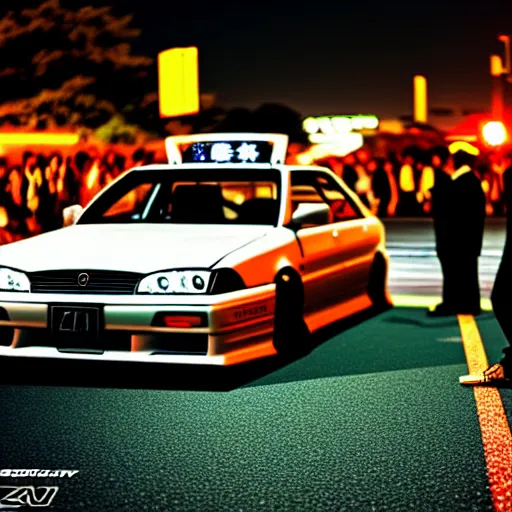 Image similar to a car JZX100 at illegal car meet, Saitama prefecture, city sunset night, cinematic color, photorealistic, highly detailed, 200MM