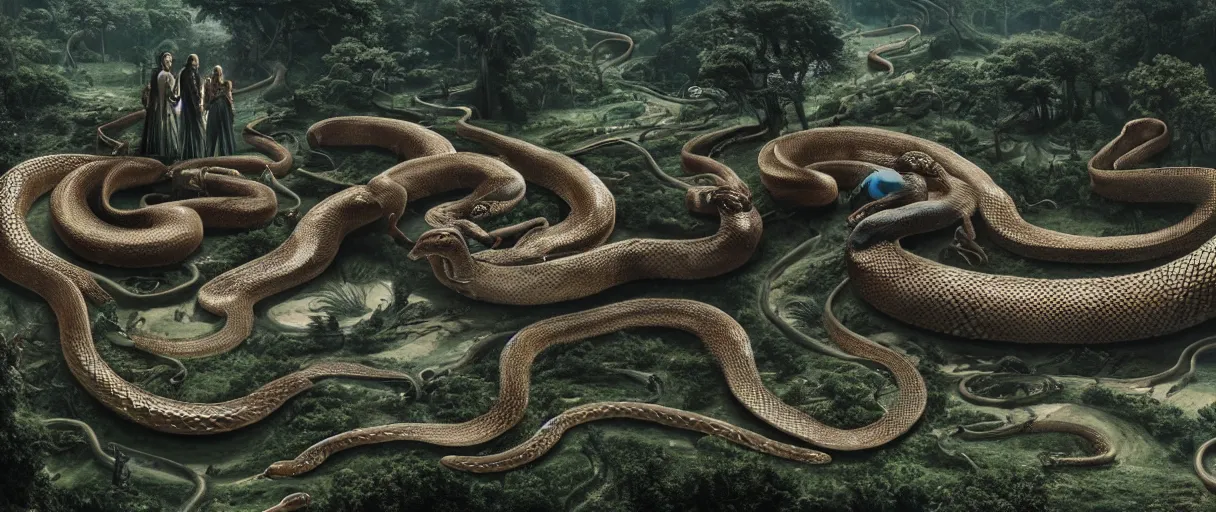 Image similar to a giant snake near a village, high detail, 8k, ornate, dark fantasy, maximalist, realistic, masterpiece, complex, WLOP, film still from the movie directed by Denis Villeneuve with art direction by Salvador Dalí