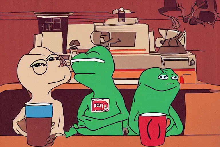 Pepe The Frogs Drinking Coffee In A Cafe 8 0 S Style Stable