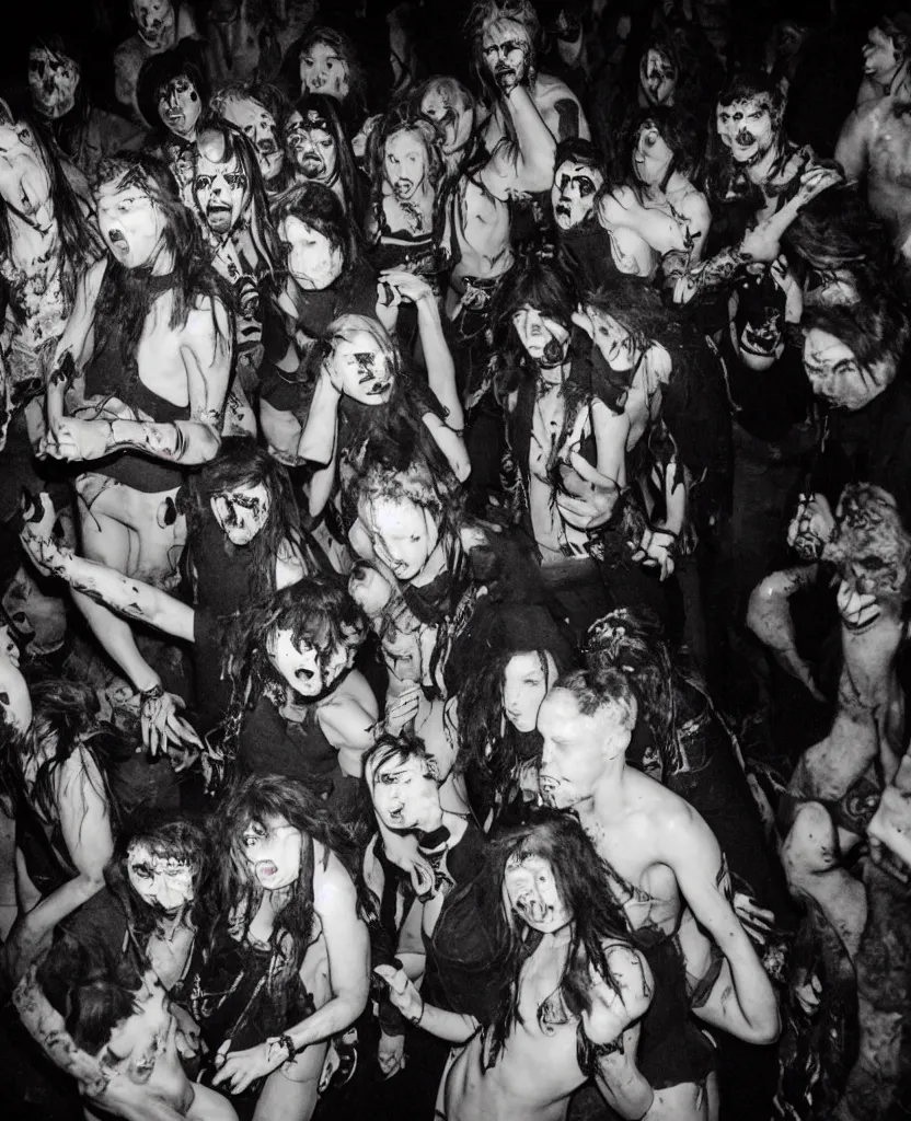 Image similar to photos of a wild underground party taken by merlin bronques, angry demonic death ghosts