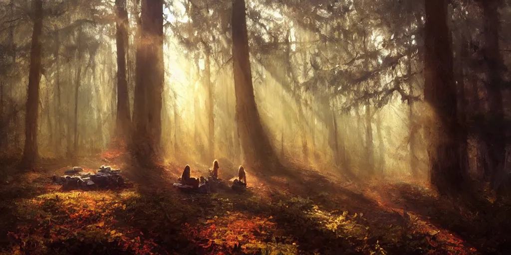 Prompt: A Craig Mullins oil painting of a hauntingly beautiful forest in the morning; a-weary-traveler-is-sitting-next-to-a-small-campfire; rays of light coming through the canopy; trending on artstation; extraordinary masterpiece!!!!!!; 8k