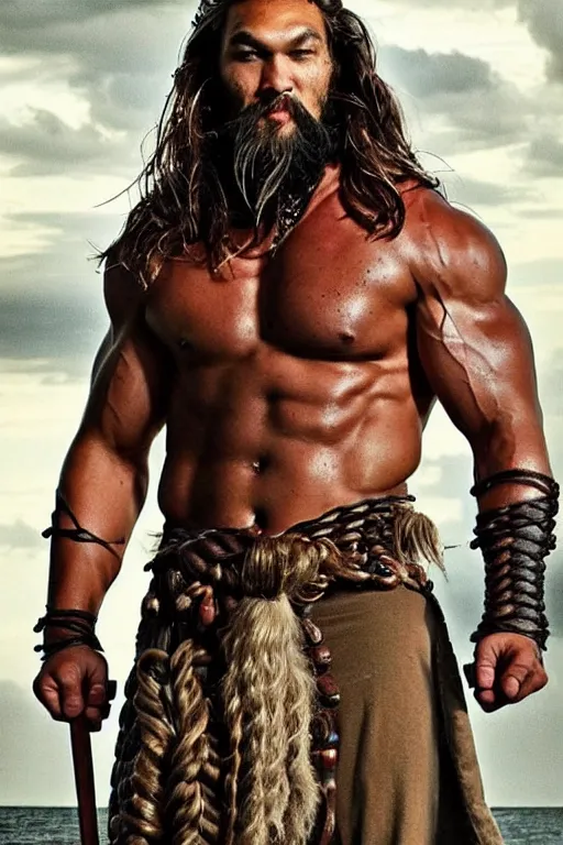 Prompt: Jason Momoa Terry, Crews, long braided viking beard, bronze armor, very strong. Action movie poster.