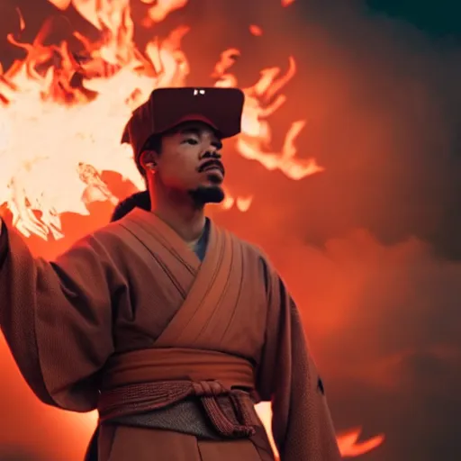 Image similar to cinematic film still of Chance The Rapper starring as a Samurai holding fire, Japanese CGI, VFX, 2022, 40mm lens, shallow depth of field, film photography