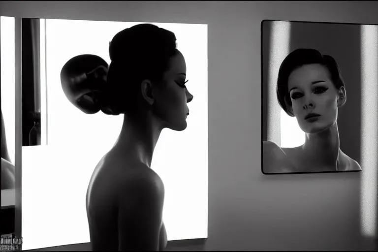 Image similar to beautiful female android, putting on makeup in front of a bathroom mirror, cinematic, black and white movie, still photo. by james jean and moebius