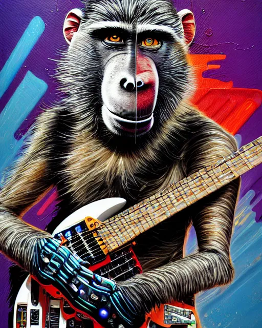 Image similar to a portrait of an anthropomorphic cyberpunk baboon shredding an electric guitar by sandra chevrier, by jon foster, detailed render, tape deck, epic composition, cybernetics, 4 k realistic, cryengine, realistic shaded lighting, sharp focus, masterpiece, by enki bilal