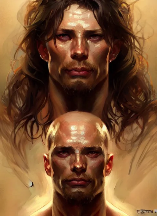 Image similar to Portrait of a man, scarred! D&D, muscular, fantasy, intricate, elegant, highly detailed, digital painting, artstation, concept art, smooth, sharp focus, illustration, art by artgerm and greg rutkowski and alphonse mucha