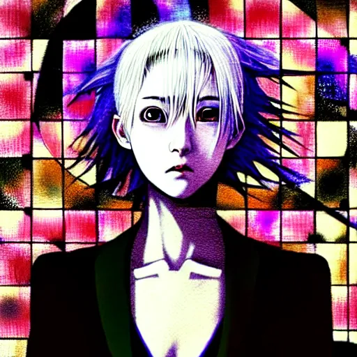 Image similar to yoshitaka amano blurred and dreamy three quarter angle portrait of a young woman with white hair and black eyes wearing dress suit with tie, playstation 2 horror game illustration, junji ito abstract patterns in the background, satoshi kon anime, chungking express color palette, glitches, film grain effect, highly detailed, renaissance oil painting, weird camera angle