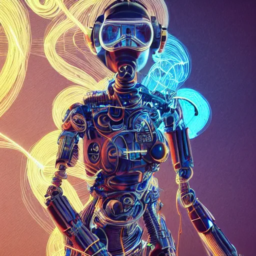 Prompt: a beautiful body of a bot fighter pilot woman mostly made of wires and electronic lightning sparks smoke, an ultrafine detailed illustration by james jean, final fantasy, intricate linework, bright colors, behance contest winner, vanitas, angular, altermodern, unreal engine 5 highly rendered, global illumination, radiant light, detailed and intricate environment