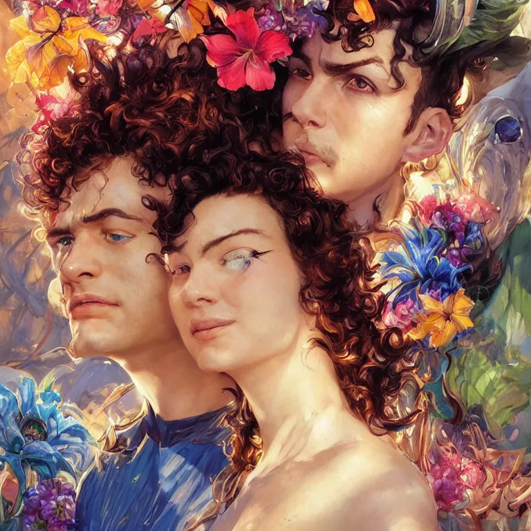 Prompt: an ultra real facial portrait of two swirly haired lover cyborgs from movie, vibrant colors, colorful flowers, tropical, sunlight filtering through skin, dynamic hair movement, dynamic pose, glowing butterflies, artgerm, greg rutkowski, j. c leyendecker, by alan lee, wlop! illustrated by starember, fantasy art by craig mullins