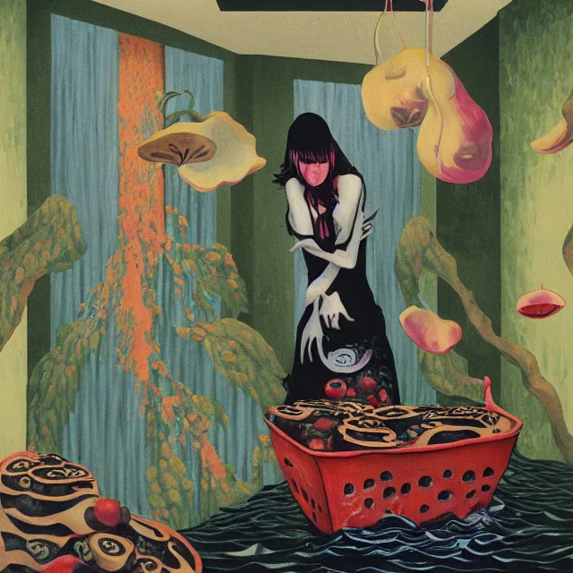 Prompt: tall female emo artist holding berry pancakes in her flooded apartment, pomegranates, octopus, water gushing from ceiling, painting of flood waters inside an artist's apartment, a river flooding indoors, mushrooms, ikebana, zen, rapids, waterfall, black swans, canoe, berries, acrylic on canvas, surrealist, by magritte and monet