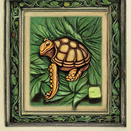 Image similar to Tortoise eating lettuce, art noveau, very detailed