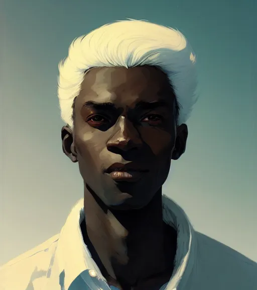 Image similar to portrait of a man, dark skin, white hair by atey ghailan, by greg rutkowski, by greg tocchini, by james gilleard, by joe fenton, by kaethe butcher, dynamic lighting, gradient light blue, brown, blonde cream and white color scheme, grunge aesthetic