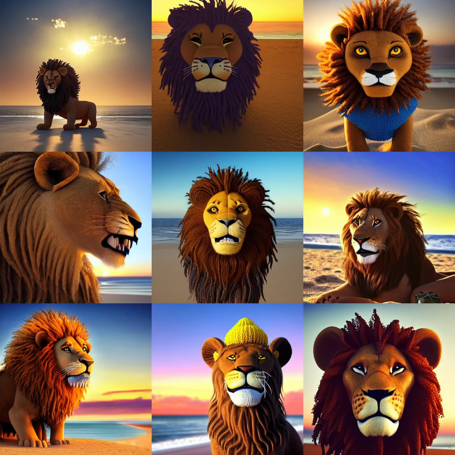 Prompt: A photorealistic picture of a knitted smiling Mufasa lion at the beach during sunset. The lion is wearing a blue beanie cap and sunglasses. Trending on Artstation, featured on Behance, well-rendered, intricate, highly detailed, very crispy, Unreal Engine, 4K HD