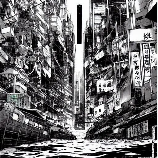 Prompt: high quality illustration of a japanese flooded cyberpunk city in the style of ghost in the shell and akira, manga, black and white, pencil, traditional art, anime, by katsuhiro otomo and masamune shirow and studio ghilibi and yukito kishiro, highly detailed