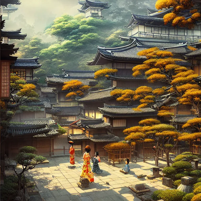 Image similar to old japanese town with garden viewed from harbor, d & d digital painting, ultra realistic, beautiful, volumetric lighting, warm colors advance, cell shading, by james jean, greg rutkowski,