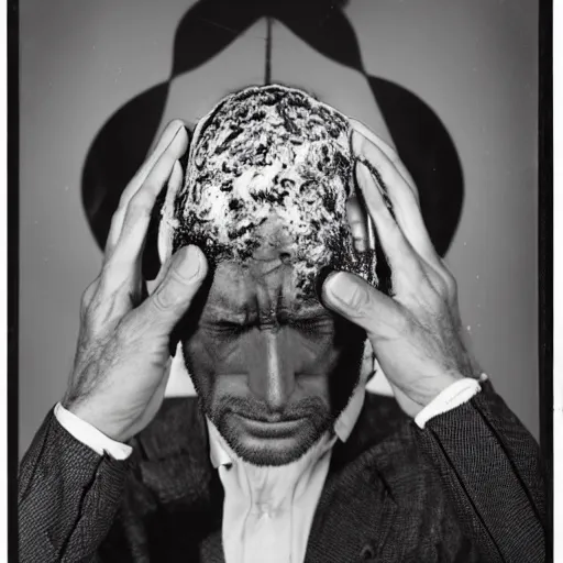 Image similar to a man experiencing his third eye pineal gland exploding out of the front of his forehead as he is able to perceive all of the thoughts of mankind. body horror. by gerald grom and ansel adams.