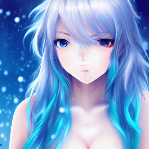 Image similar to advanced digital anime art, a very cute gorgeous teenage girl with a body made of fire and ice , full body, very long snow colored hair, sky blue highlights in hair, red fiery watery eyes, full round face, dramatic cinematic lighting, wideshot, highly intricately detailed, trending on pixiv, Artstation,