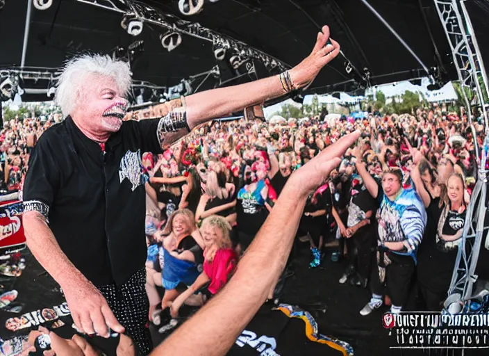 Image similar to photo still of rip taylor at vans warped tour!!!!!!!! at age 6 3 years old 6 3 years of age!!!!!!! on stage throwing confetti at a crowd, 8 k, 8 5 mm f 1. 8, studio lighting, rim light, right side key light