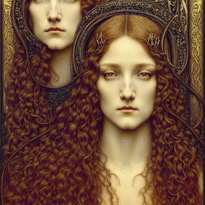 Image similar to detailed realistic beautiful young medieval queen face portrait by jean delville, gustave dore and marco mazzoni, art nouveau, symbolist, visionary, gothic, pre - raphaelite. horizontal symmetry