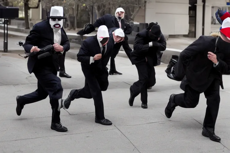 Image similar to bank robbers running out of white bank wearing trump masks by Emmanuel Lubezki