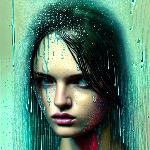 Prompt: dramatic asthetic portrait of revelation in uniquely colored rain with wet hair and face, liquid, epiphany, bliss, fantasy, intricate, elegant, dramatic lighting, highly detailed, lifelike, photorealistic, digital painting, artstation, concept art, smooth, sharp focus, illustration, art by John Collier and Albert Aublet and Krenz Cushart and Artem Demura and Alphonse Mucha