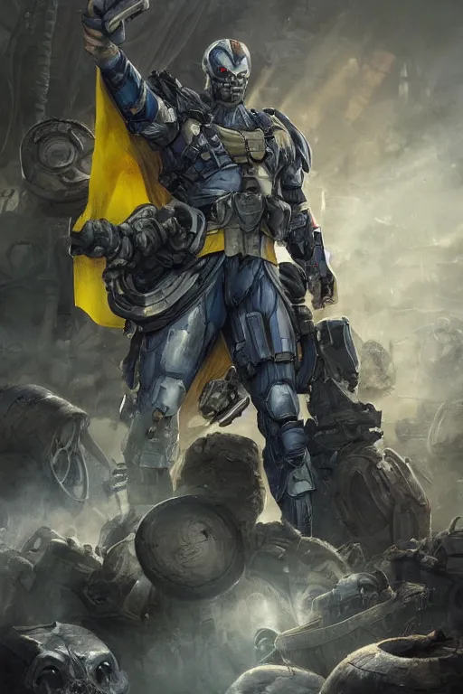 Image similar to a full body shot from distance of a super soldier with a Ukrainian blue and yellow stripes flag standing in the beam of light from the clouds on a pile of skulls and rotten cars as a winner, masculine figure, D&D, fantasy, intricate, elegant, highly detailed, digital painting, artstation, concept art, matte, sharp focus, symmetrical, illustration, hyperrealistic, art by Artgerm and Greg Rutkowski and Alphonse Mucha