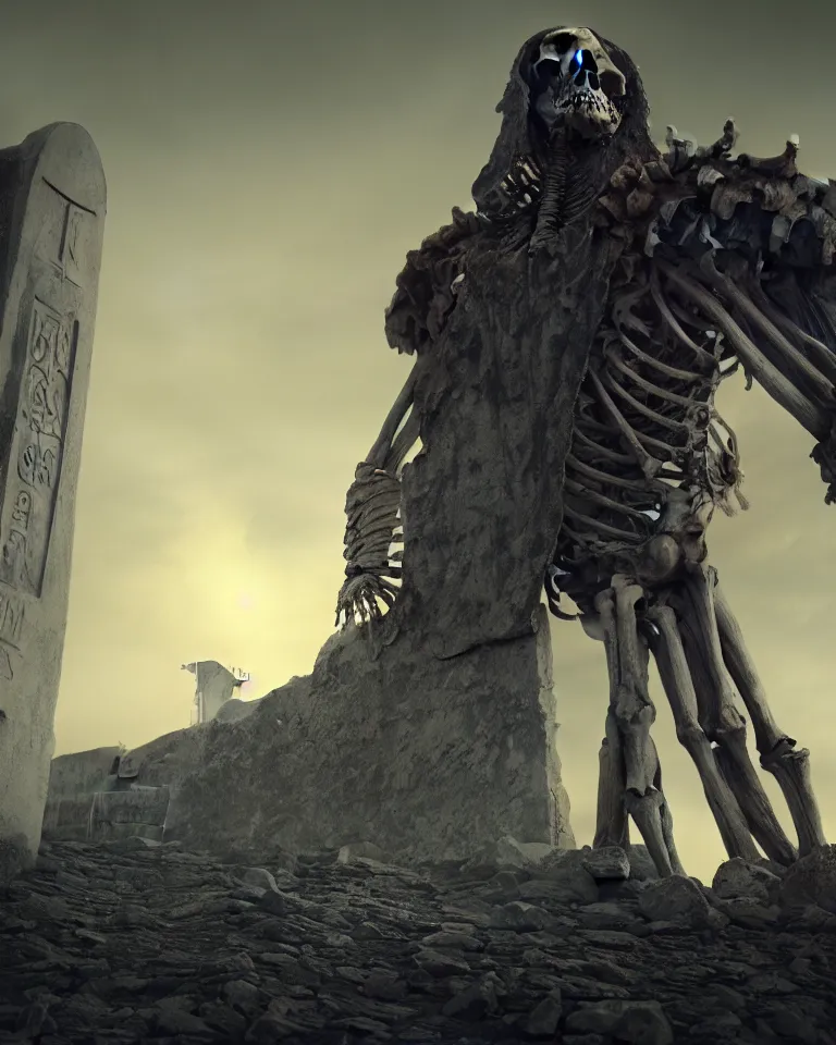 Image similar to a full - face portrait of a giant skeleton overlooking a tombstone mountain, surrealism, rendered in octane, 4 k, concept art, elden ring monster, dark souls