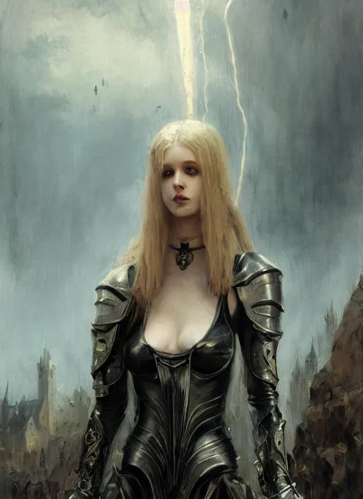 Image similar to young blonde vampire woman wearing black medieval armour, by gaston bussiere, bayard wu, greg rutkowski, giger, maxim verehin, greg rutkowski, masterpiece, sharp focus, cinematic lightning