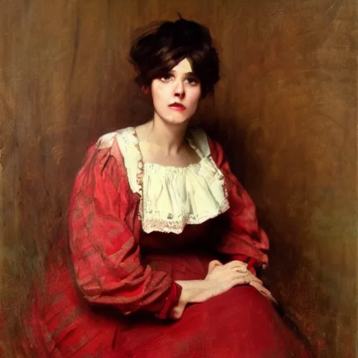 Image similar to Solomon Joseph Solomon and Richard Schmid and Jeremy Lipking victorian genre painting portrait painting of a happy young beautiful woman traditional german french actress model old west character in fantasy costume, red background