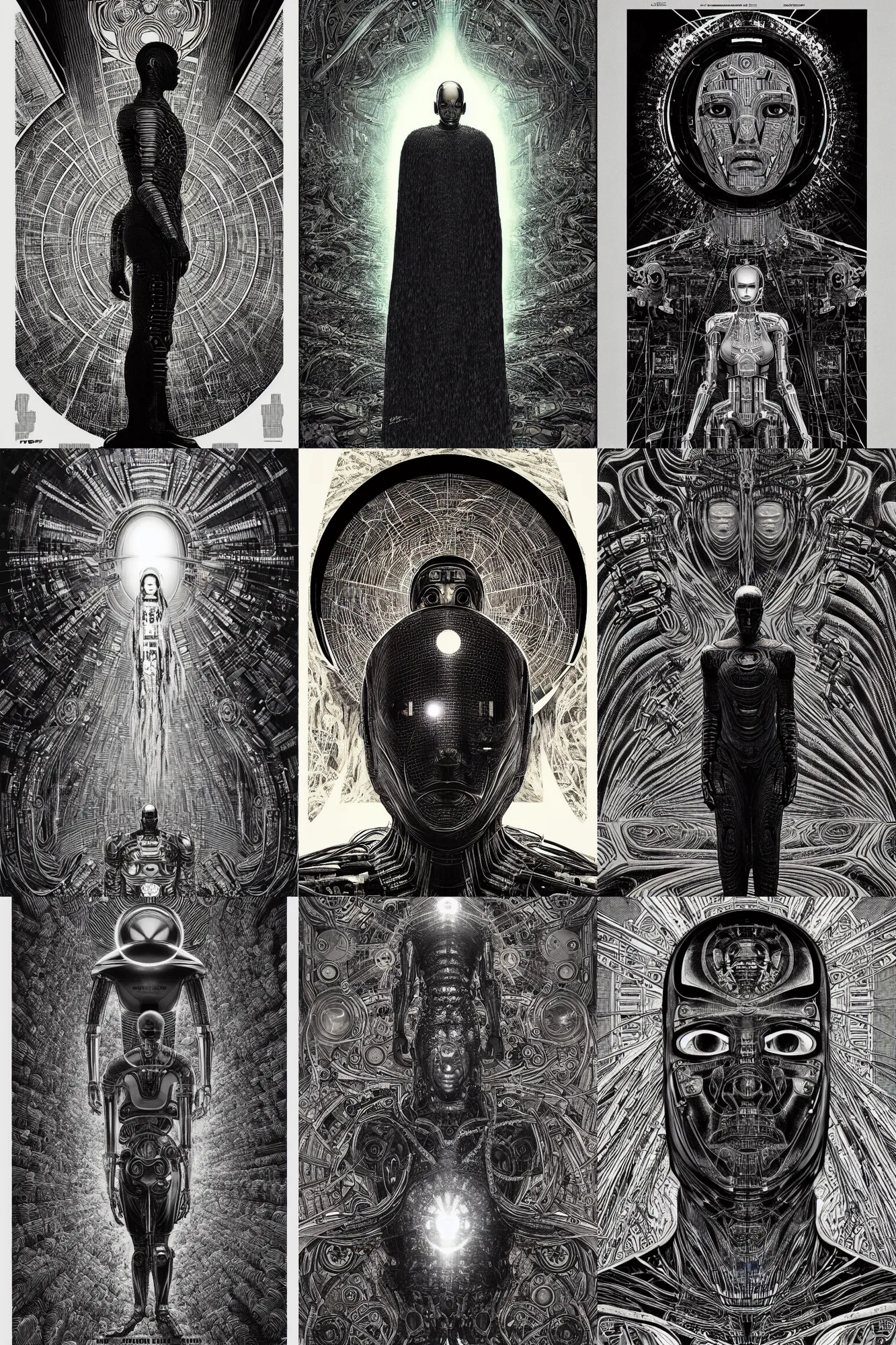 Prompt: i, robot movie poster concept art, designed by joe perez of donda creative, creative direction by virgil abloh, avant - garde, religious imagery, by virgil finlay, by gustave dore and junji ito