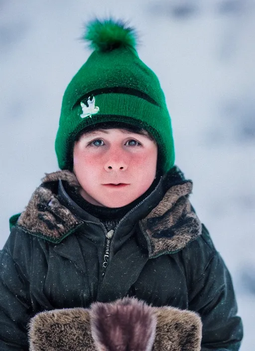 Image similar to portrait photo still of real life young stan marsh wearing a green trapper hat, 8 k, 8 5 mm, f. 1 4