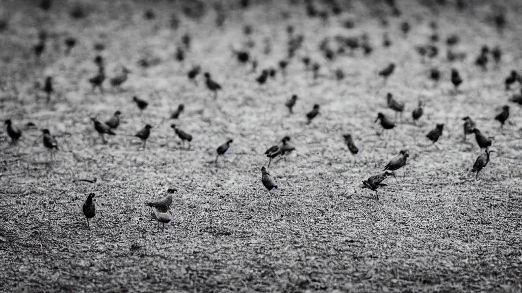 Prompt: a photo of small birds standing on the ground. monochromatic blue filter.