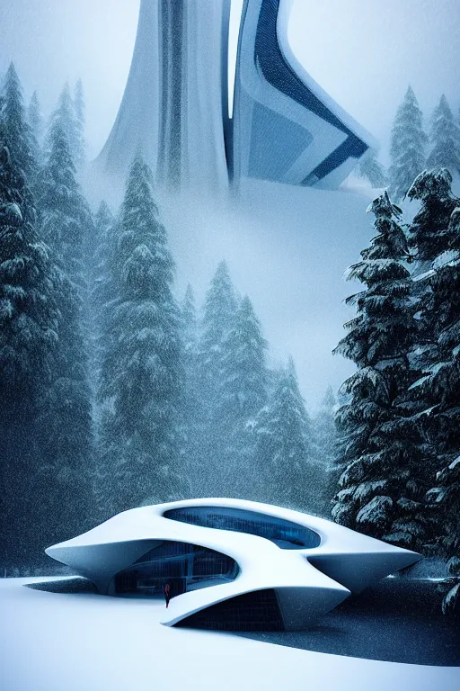 Prompt: a futuristic scene in front of a zaha hadid building in the forrest of the french alps in the style of chris moore, stormy weather, cinematic matte painting, extreme detail photo quality, soft colors, snowfall, featured on behance