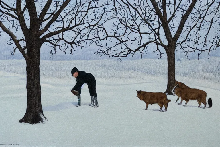 Prompt: torn mittens of the frostbitten hunter, leaning against the oak - tree and had almost fallen asleep when a clattering of hoofs awakened him, a snowdrop alex colville painting