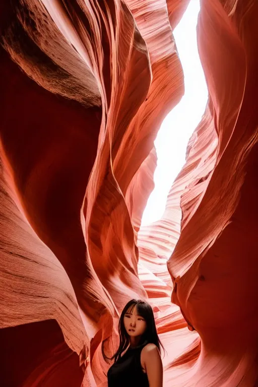 Prompt: close-up portrait of Lee Ji-Eun, captivating, rule of thirds, majestic, set on a flowy Antelope Canyon created by James Jean, mutiversal tsunami, award winning photo, seductive, captivating, close-up, hot, unreal engine, masterpiece, perfect symmetry, rgb, colorful clouds