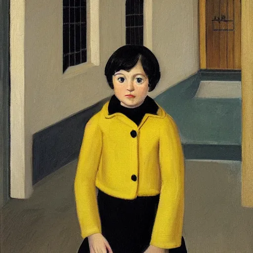 Image similar to a painting of a little girl with short black hair and wearing a yellow coat alone in the inner courtyard of an abbey by hopper and de chirico